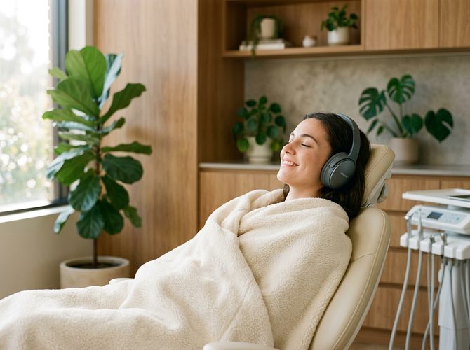 Patient relaxing in dental chair with noise-canceling headphones and warm fleece blanket