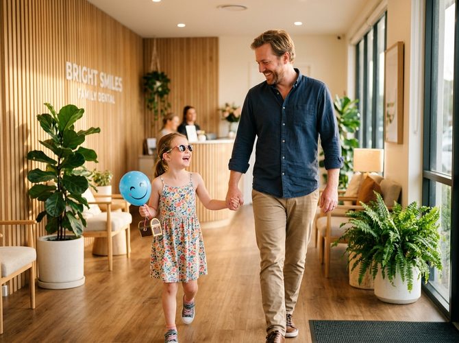 Happy father and daughter laughing together leaving clinic after appointment